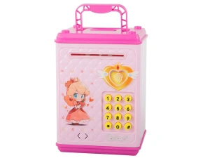 Pusculita pentru copii, tip seif, cu cod PIN, plastic, 18.5 x 13 x 11 cm, roz - Img 12