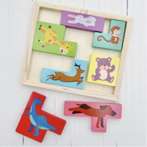 Puzzle 3D pentru copii, tip tetris, model animale, educativ, lemn, 7 piese, 16 x 13.5 x 1 cm, multicolor, +4 ani - Img 10