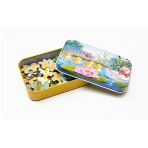 Puzzle 60 de Piese din Lemn in Cutie Metalica, Model Ratuste, Dezvoltare Abilitati Cognitive, 22.5x13.5 cm, Multicolor - Img 2