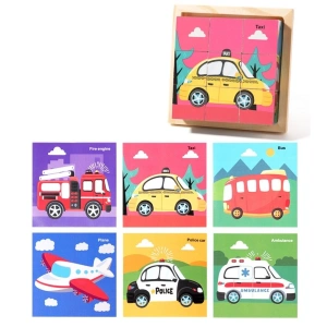 Puzzle educativ din lemn cu 9 cuburi si 6 imagini, model vehicule si masini, joc Montessori pentru copii 4-6 ani, 11 x 11 x 3.2 cm, multicolor