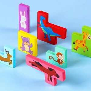 Puzzle Montessori multicolor 16 x 13.5 x 1 cm, joc din lemn cu animale, puzzle logic 3D pentru copii, dezvoltare cognitiva, 4+ ani - Img 2