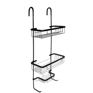 Raft suspendat negru 63 x 28,5 x 14 cm, 3 polite, aluminiu, fara gaurire, organizator pentru cabina de dus cu ventuza de stabilizare