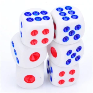 Set 100 zaruri albe cu puncte albastre si rosii, 13 mm, pentru jocuri de societate sau jocuri de noroc - Img 3