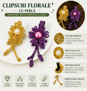 Set 2 agrafe de par aurie si mov 5 x 2 cm, model floral metalizat, accesorii decorative pentru par, fixare sigura - Img 4