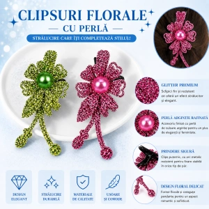 Set 2 agrafe de par verde si roz 5 x 2 cm, model floral metalizat, accesorii chic pentru par, prindere ferma - Img 4