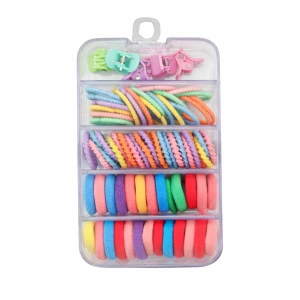 Set 2 cutii accesorii par cu elastic 2 cm, elastic spiralat, elastic subtire si cleme inimioare, multicolor
