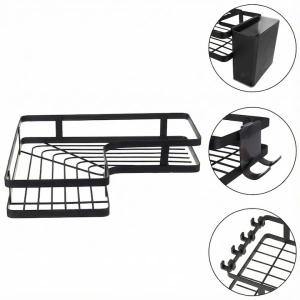 Set 2 rafturi de colt, autoadezive, pentru baie, suport si carlige pentru accesorii incluse, otel inoxidabil, 23.8 x 23.8 x 4 cm/24.8 x 24.8 x 5 cm, negru - Img 6