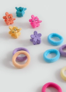 Set 25 elastice par 1.5 cm si 16 cleme mini florale 0.8 cm, cutie organizator transparenta - Img 5