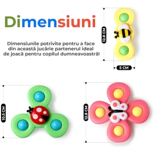 Set 3 spinnere senzoriale pentru copii, jucarii cu ventuza pentru baie, masa si calatorii, albina, fluture, buburuza - Img 10