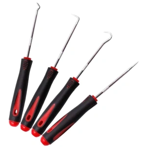 Set 4 carlige universale pentru etansari si inele, pentru tragere si manipulare elemente de cauciuc, otel si PP, varfuri magnetizate, 16 cm, negru/rosu - Img 3