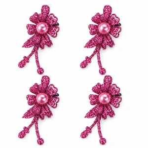 Set 4 cleme de par roz 5 x 2 cm, model floral metalizat, accesorii decorative pentru coafuri, fixare confortabila