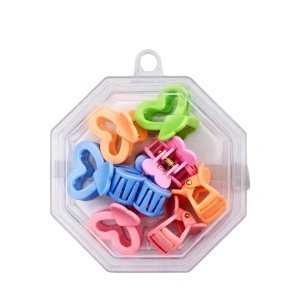 Set 8 cleme par 1,5 cm, forma inimioara, cutie hexagonala, multicolore, pentru fetite