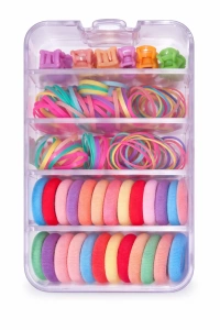 Set accesorii par copii cu cutie organizator, 26 elastice textile 2 cm, 80 elastice cauciuc multicolore si 5 cleme iepuras 0.8 cm
