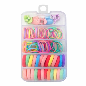 Set accesorii par copii cu cutie organizator, 26 elastice textile 2 cm, 80 elastice cauciuc multicolore si 5 cleme inimioara 0.8 cm