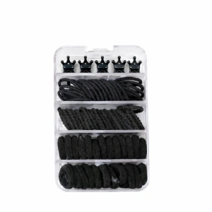 Set accesorii par negre, 26 elastice textile, 40 elastice cauciuc si 5 cleme mini, organizator compartimentat