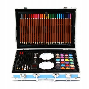 Set de desen si pictura pentru copii, 145 piese, valiza portabila din metal cu sertare, creioane, markere, acuarele, pasteluri, pensule si accesorii, organizare completa, albastru - Img 9
