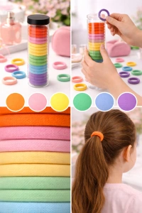 Set elastice par textile multicolore, 20 bucati, diametru 4.5 cm, tub depozitare transparent, 6 culori - Img 5