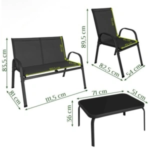 Set mobilier pentru balcon si terasa, canapea 2 locuri, 2 scaune si masuta cu blat din sticla securizata, cadru metalic, negru - Img 2