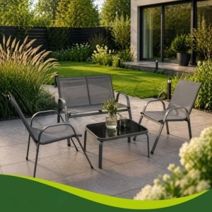 Set mobilier pentru balcon si terasa, canapea 2 locuri, 2 scaune si masuta cu blat din sticla securizata, cadru metalic, gri - Img 5