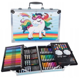 Set pictat si desen, 145 piese, gentuta depozitare stil gemantan, model Unicorn si curcubeu, albastru, 34 x 23 x 9 cm - complet, colorat si usor de transportat pentru micii artisti