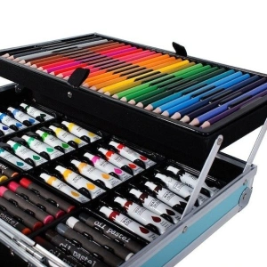 Set pictat si desen, 145 piese, gentuta depozitare stil gemantan, model Unicorn si curcubeu, albastru, 34 x 23 x 9 cm - complet, colorat si usor de transportat pentru micii artisti - Img 11