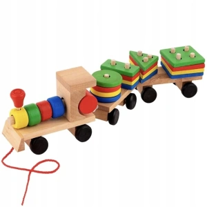 Trenulet de jucarie din lemn, 30 cm, multicolor - cu forme geometrice, puzzle arcade, locomotiva + 2 vagoane, blocuri detasabile, pentru copii 3+ - Img 5