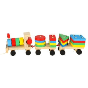 Trenulet de jucarie, locomotiva cu 2 vagoane, lemn, forme geometrice, 30 x 9 x 6 cm, multicolor - Img 10
