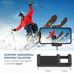 Trepied extensibil 210 cm din aluminiu cu suport reglabil pentru telefon si montura camera, stativ pliabil pentru foto video si iluminare, negru - Img 6