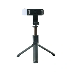 Trepied selfie stick 3in1, rotire 360 grade, lumina LED, telecomanda bluetooth inclusa - Negru - Img 1
