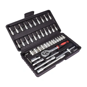 Trusa de scule cu 46 piese, surubelnita, clichet, chei tubulare, biti, torx, imbus, prelungitor, maner ergonomic, cutie compacta, neagra - Img 2