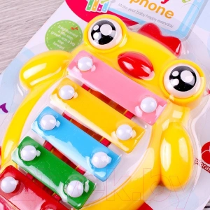 Xilofon cu 5 note muzicale pentru copii, jucarie interactiva cu animalut, betisor inclus, 17x14 cm - Multicolor - Img 2