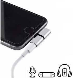 Adaptor Lightning 2 in 1, argintiu, pentru incarcare si casti audio, conector dual pentru telefon, utilizare simultana, design compact - Img 3