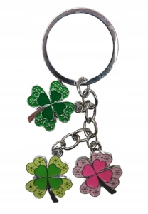 Breloc metalic trifoi norocos 3 pandantive, accesoriu chei, amuleta noroc, multicolor, 11 cm - Img 3