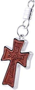 Breloc religios cruce din lemn cu figurina Isus, breloc crestin cu inel metalic pentru chei, accesoriu spiritual compact - Img 3