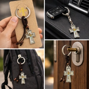 Breloc religios cu cruce si figurina Isus, accesoriu crestin cu snur textil si margele din lemn, breloc pentru chei sau rucsac - Img 2