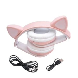 Casti Bluetooth pentru copii,fetite,incarcare usb,lumini LED,model tip pisica - Roz - Img 2