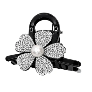 Clama par eleganta neagra cu floare decorativa si cristale stralucitoare, perla centrala, prindere puternica, arc metalic rezistent - Img 1
