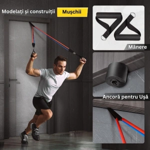 Extensor cu 5 benzi elastice de rezistenta pentru antrenament fitness, accesorii incluse, benzi din latex cu intensitati diferite, manere antiderapante, prindere la usa, saculet transport, 110 cm, mul - Img 5