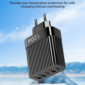 Incarcator retea 120W USB-C si USB-A 5 porturi fast charge PD universal telefon tableta negru lucios compact - Img 3