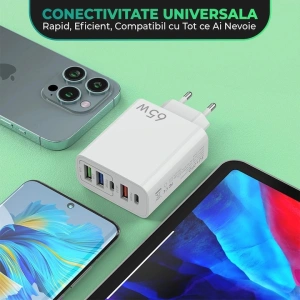 Incarcator retea 65W USB-C si USB-A 5 porturi fast charge PD QC universal telefon laptop alb compact - Img 5