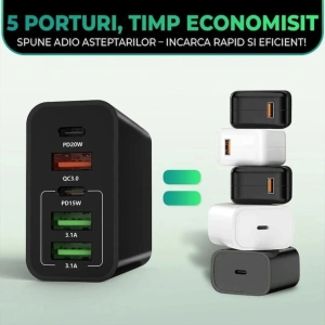 Incarcator retea 65W USB-C si USB-A 5 porturi fast charge PD QC universal telefon smartwatch negru compact - Img 7