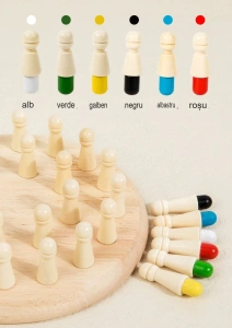 Joc de memorie Montessori din lemn, multicolor, tabla rotunda 17 cm, 24 pioni si zar colorat, joc educativ pentru dezvoltarea atentiei si memoriei, 4 ani+ - Img 5