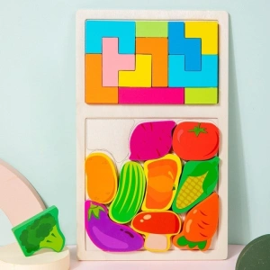 Joc educativ pentru copii, puzzle tetris, Montessori, legume colorate, lemn, 28.5 x 17 cm, varsta 3+ ani, multicolor - Img 3