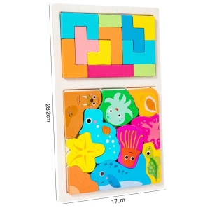 Joc puzzle, tip tetris, pentru copii, 2 in 1, animale marine, Montessori, lemn, 28.5 x 17 cm, multicolor - Img 7