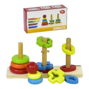 Jucarie educativa pentru bebelusi din lemn,copac curcubeu cu cercuri si forme , Multicolor - Img 2