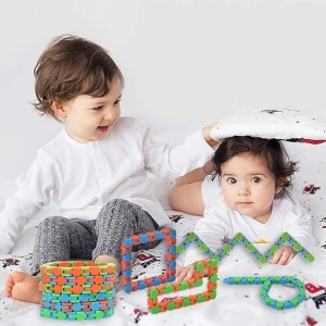 Jucarie senzoriala antistres tip sarpe cu 24 piese, fidget flexibil pentru copii si adulti, dezvoltare dexteritate si coordonare, 28 cm, albastru/portocaliu - Img 8