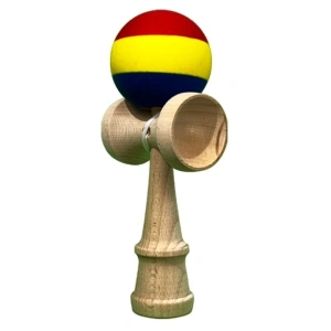 Kendama profesionala din lemn cu rubber grip, joc de indemanare si coordonare, 18 cm, model tricolor rosu galben albastru, pentru antrenament si freestyle