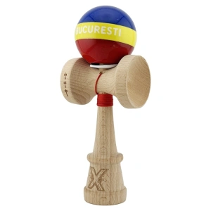 Kendama profesionala din lemn, editia Bucuresti tricolor, Super Sticky, cupe mari King Size V3, rulment metalic, gaura in baza, 18 cm, multicolor - Img 6