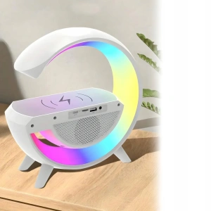 Lampa ambientala LED RGB 23.8 x 23.5 x 8 cm, incarcare wireless Qi 15W, difuzor Bluetooth, radio FM, ceas digital si alarma, 7 efecte luminoase - Img 2