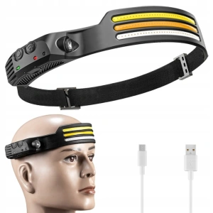 Lanterna frontala cu acumulator intern, 3 benzi LED COB, senzor de miscare, 5 moduri de iluminare, 800 lm, 1200 mAh, reincarcabila USB Type-C, IPX4